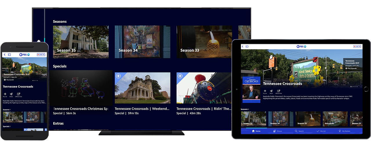 Tennessee Crossroads is available across multiple devices. Smart Phone, Smart TV, Tablet